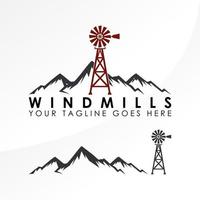 Simple and unique mountain and windmill image graphic icon logo design abstract concept vector stock. can be used as corporate symbol or relating to mountain terrain