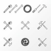 Simple and unique mechanical equipment like gear, hammer, screwdriver, and wrench image graphic icon logo design abstract concept vector stock. Can be used as a symbol related to machine or tool.