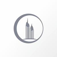 Rascacielos o torre de edificio doble imagen icono gráfico diseño de logotipo concepto abstracto vector stock. se puede utilizar como un símbolo relacionado con la propiedad o el hogar.