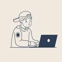 animación simple de un joven con sombrero y capucha haciendo actividades con una laptop. concepto moderno de la industria informática de Internet. vector