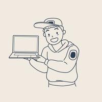 animación simple de un joven con sombrero y capucha haciendo actividades con una laptop. concepto moderno de la industria informática de Internet. vector