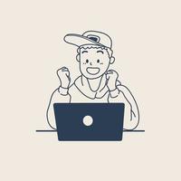 Simple animation of a young man wearing a hat and hoodie doing activities with a laptop. modern computer internet industry concept. vector