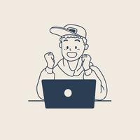 Simple animation of a young man wearing a hat and hoodie doing activities with a laptop. modern computer internet industry concept. vector