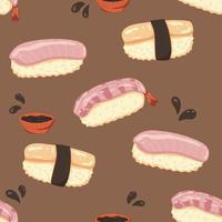Sushi pattern with soy sauce drops. Asian food composition , rice, fish, shrimp food. Vector seamless hand drawn pattern