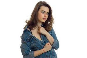 a close-up portrait of chic young girls with denim jacket is photo