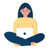 Flat character of a girl with a laptop. Woman working at her laptop. Distance education. vector