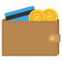 Wallet with Ukrainian hryvna coins and credit card. Flat vector illustration.