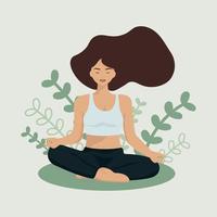 Beautiful flat character yoga lotus girl. Sports people healthy lifestyle exercise concept. People sports recreational lifestyle concept. Meditative practice. Body pose yoga. vector