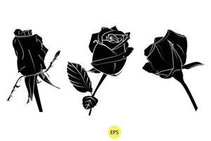 conjunto de siluetas de rosas decorativas negras, siluetas negras vectoriales de flores aisladas en un fondo blanco vector