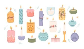 Set of different candles in candlesticks. Fragrant home decor for comfort, relaxation and spa. Vector flat illustration