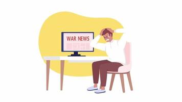 noticias de guerra aisladas animadas. ansiedad de pánico. secuencias de vídeo hd de caracteres 2d planos en bucle. animación colorida de crisis mundial sobre fondo blanco con transparencia de canal alfa para sitio web, redes sociales video