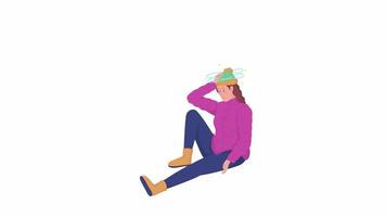Animated woman with dizziness. Accident fall. Full body flat person on white background with alpha channel transparency. Colorful cartoon style HD video footage of character for animation
