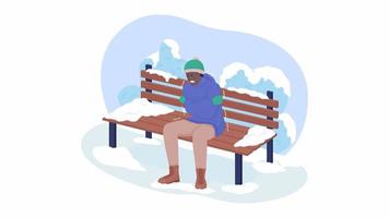 Animated freezing man in park. Looped flat 2D character HD video footage. Cold weather colorful isolated animation on white background with alpha channel transparency for website, social media