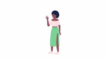 Animated female character waving. Woman saying hi. Speech bubble. Full body flat person on white background with alpha channel transparency. Colorful cartoon style HD video footage for animation