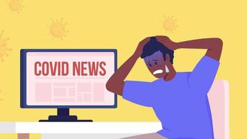 Animated covid spread illustration. Coronavirus danger. Panic anxiety after bad news. Looped flat color 2D cartoon interior animation with laptop on background. HD video with alpha channel