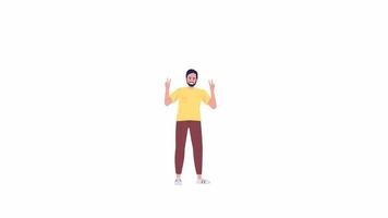 Animated man with peace hand gesture. Smiling male character. Full body flat person on white background with alpha channel transparency. Colorful cartoon style HD video footage for animation