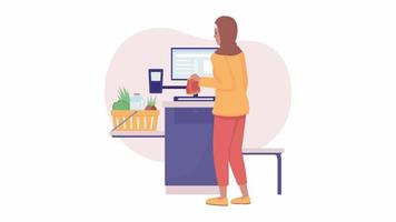 Animated self-service checkout. Looped flat 2D character HD video footage. Grocery store colorful isolated animation on white background with alpha channel transparency for website, social media