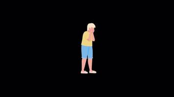 Animated lost child character. Crying boy in public space. Full body flat person on black background with alpha channel transparency. Colorful cartoon style HD video footage for animation