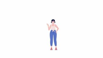 Animated young female character. Happy girl with speech bubble. Full body flat person on white background with alpha channel transparency. Colorful cartoon style HD video footage for animation