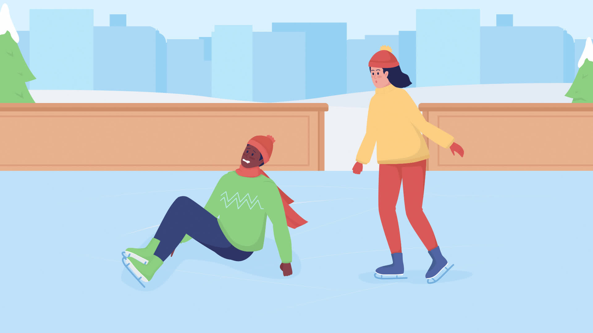 Animated accident fall. Slipped on ice. Young couple on skating rink