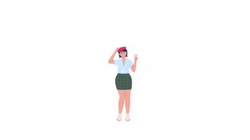 Animated french girl. Female character with peace hand gesture. Full body flat person on white background with alpha channel transparency. Colorful cartoon style HD video footage for animation