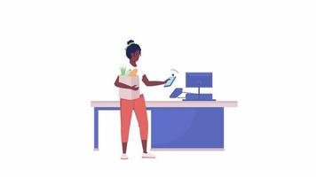 Animated NFC self-service checkout. Contactless payment. Full body flat person on white background with alpha channel transparency. Colorful cartoon style HD video footage of character for animation