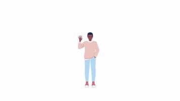 Animated male character waving hand. Young man greeting in English. Full body flat person on white background with alpha channel transparency. Colorful cartoon style HD video footage for animation
