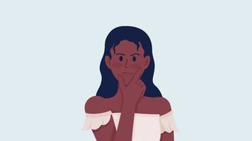 Animated perplexed lady emotion. Thinking woman. Flat character head with facial expression animation. Colorful cartoon style HD video footage on light blue with alpha channel transparency