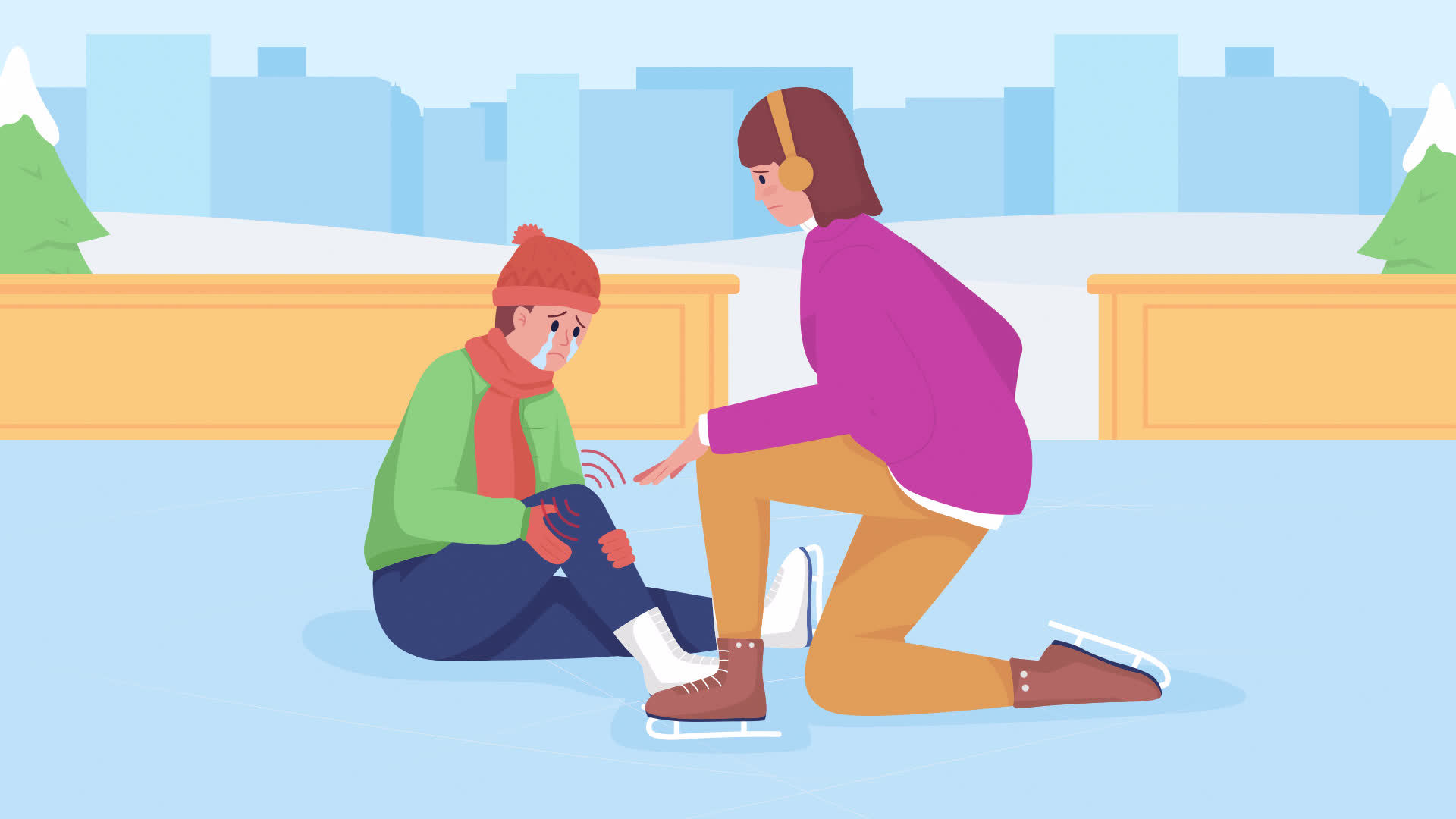 Animated kid slipped on ice. Skating rink. Accident fall. Knee injury