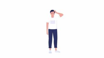 Animated suspecting man. Hesitated man. Solve problem. Full body flat person on white background with alpha channel transparency. Colorful cartoon style HD video footage of character for animation
