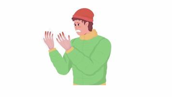 Animated frozen hands. Winter hazards. Cold weather. Full body flat person on white background with alpha channel transparency. Colorful cartoon style HD video footage of character for animation