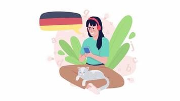 Animated study German online concept. Looped 2D cartoon flat character on white with alpha channel transparency for web design. HD video footage. Learn language. Self education creative idea animation