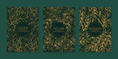 Collection of romantic vintage cover page designs. golden floral line art pattern in dark green background. vector background for elegant wedding invitation, menu, summer sale, holiday post,