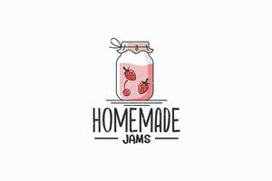 HOMEHandcrafted jams logo with a jar of jams, cherry and strawberries, in a rustic style vector