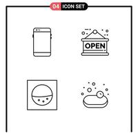 Mobile Interface Line Set of 4 Pictograms of phone washing huawei open shopping Editable Vector Design Elements