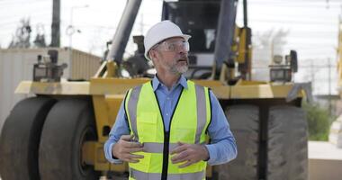 gerente caucásico de retrato con casco y chaleco de seguridad con anteojos que presentan y recomiendan el lugar de trabajo mientras trabajan en el puerto de envío, concepto de transporte logístico. video