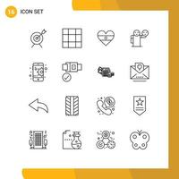 Universal Icon Symbols Group of 16 Modern Outlines of lock mobile heartflag gear healthcare Editable Vector Design Elements