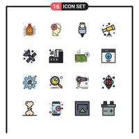 Modern Set of 16 Flat Color Filled Lines Pictograph of artificial telescope mind space lightning Editable Creative Vector Design Elements