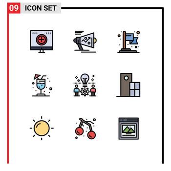 User Interface Pack of 9 Basic Filledline Flat Colors of bulb summer strategy juice goal Editable Vector Design Elements