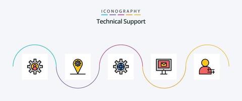 la línea de soporte técnico llenó el paquete de iconos planos 5 que incluye la flecha. Servicio. mundo. charlar. computadora vector