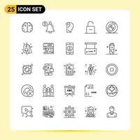 Pack of 25 Modern Lines Signs and Symbols for Web Print Media such as musical unlock confuse brain security padlock Editable Vector Design Elements