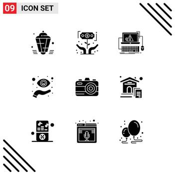 conjunto de glifos sólidos de interfaz móvil de 9 pictogramas de elementos de diseño de vector editables de error del sistema inversor de ojo de mano