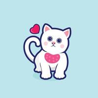 Linda ilustración de vector de gato blanco con un icono de amor. gato de estilo de dibujos animados de garabato para camiseta imprimible, pancarta, tarjeta de felicitación de póster, día de san valentín
