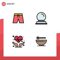 Editable Vector Line Pack of 4 Simple Filledline Flat Colors of beach heart health shorts magic ball food Editable Vector Design Elements