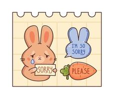 Little set of sticker with sad bunny, dialogue cloud, carrot. Text with apologies. Emoji with text messages. Vector cartoon illustration