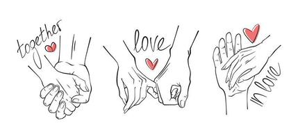 Simple vector hands. Line art. A man's hand and a woman's hand. Text text about love. A few examples. Simple vector hands. Line art. Red heart