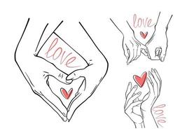 Simple vector hands. Line art. A man's hand holds a woman's hand. Text with a declaration of love. A few examples. Simple vector hands. Line art. Red heart