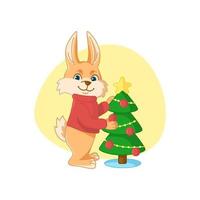 Rabbit in knitted red sweater hanging up decor on xmas tree. vector