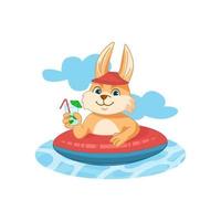 Rabbit swimming with inflatable ring and cocktail vector