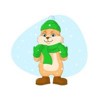 Rabbit in a warm winter hat, scarf, mittens on the background of falling snow vector